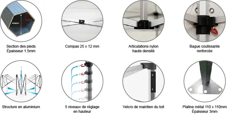 Barnum pliant 3x3m Alu 45 - Côtés en option